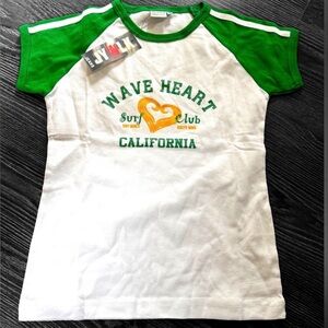 JYWLK jeans baby tee , green/white wave heart surf club, cotton, sz M NWTS